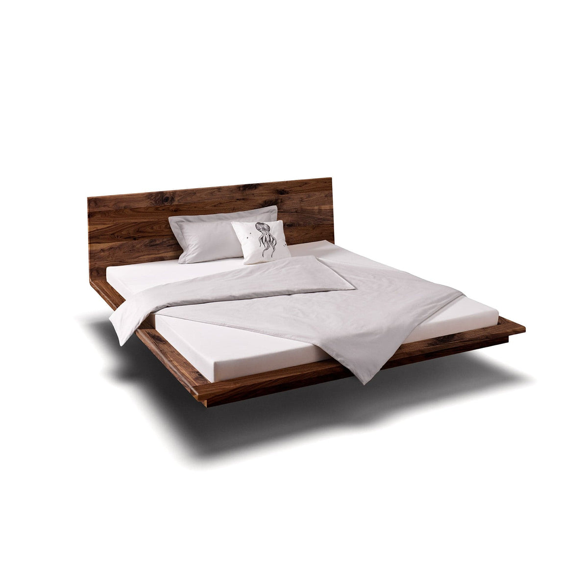 Betten schwebend im Futonstil: Hier das Schwebebett MATIS, ein Designerbett aus wildem Nussbaum Massivholz.