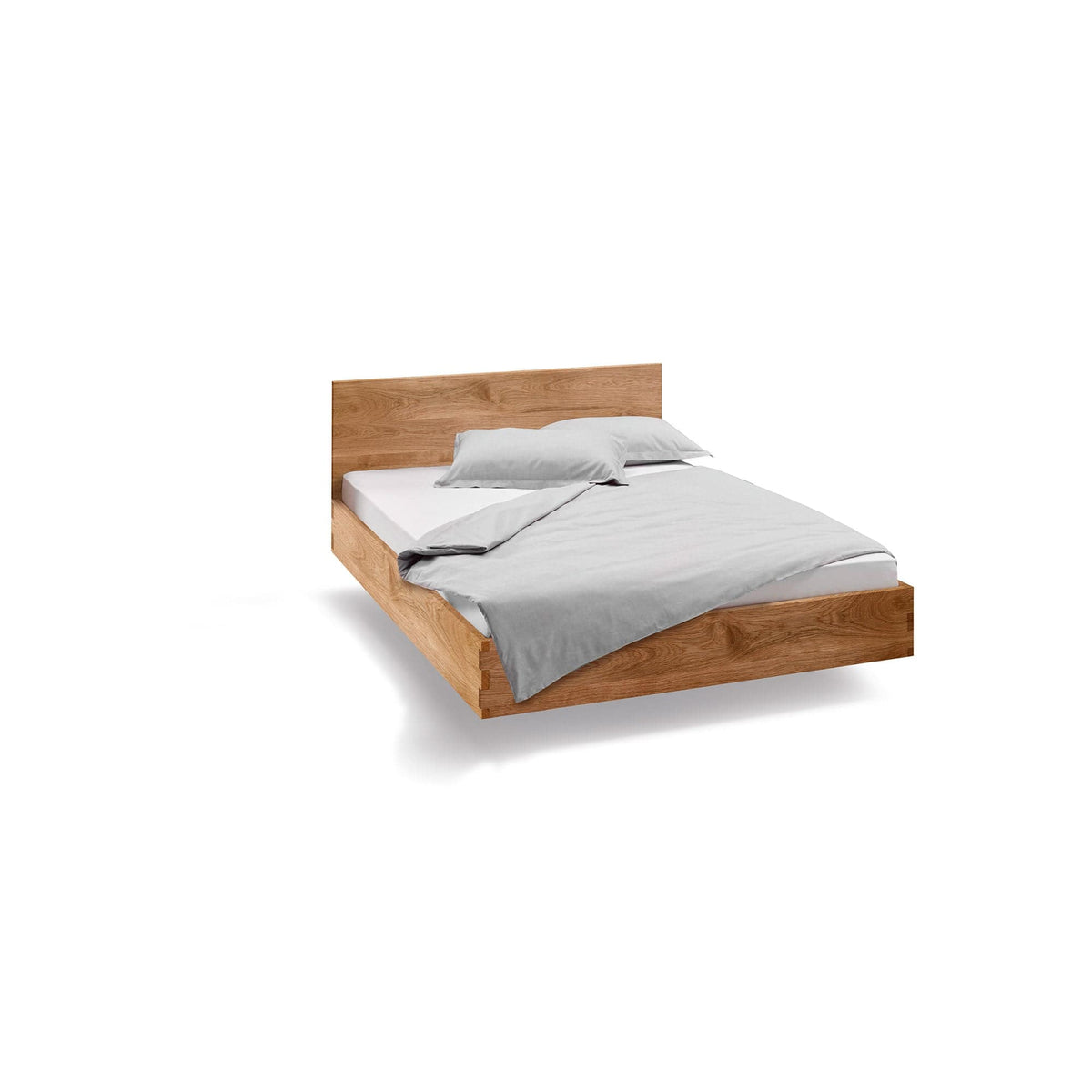 NAP, Bett schwebend aus Massivholz, hier in Wildeiche 100x200 cm mit hoher Rückenehne.