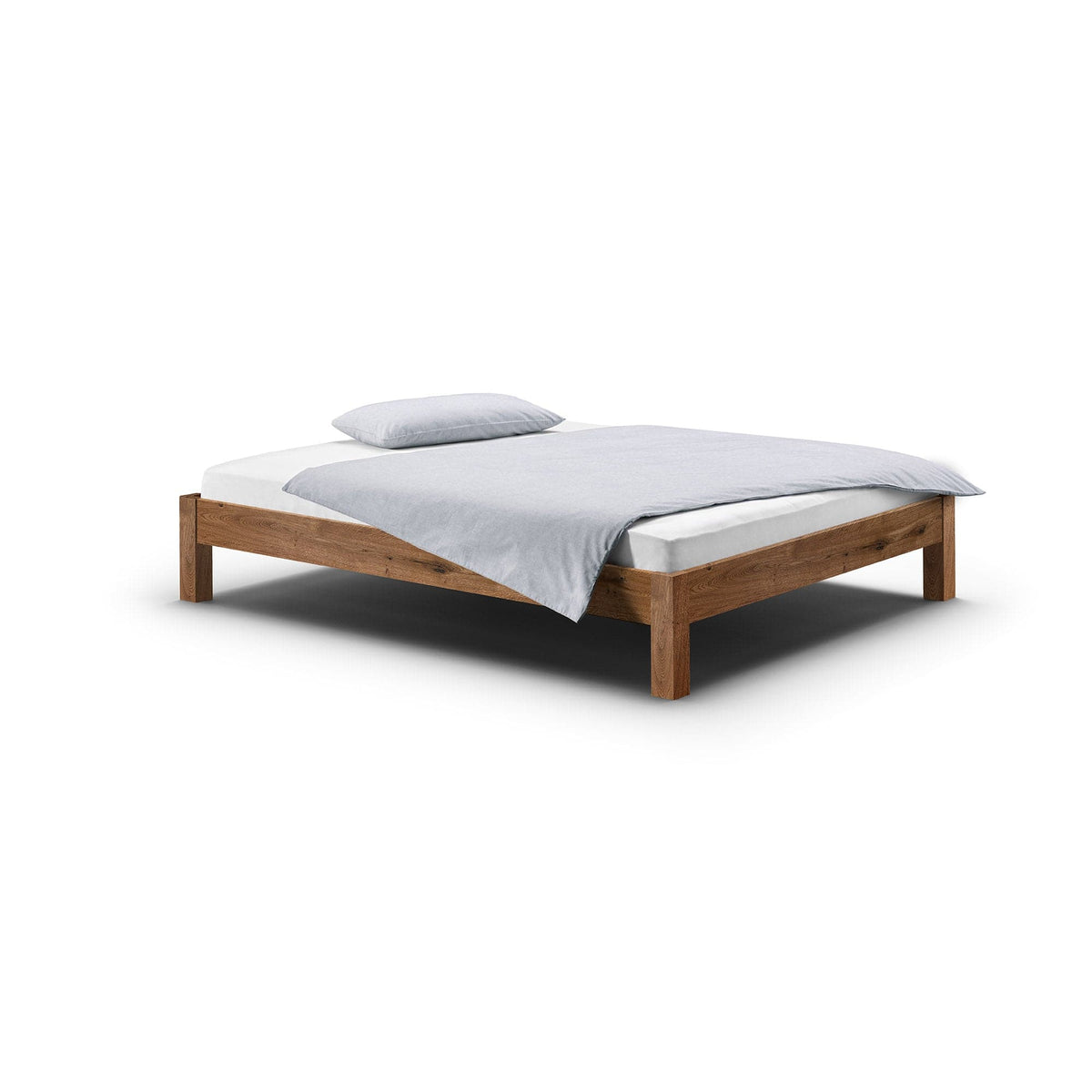 Holzmanufaktur Bett RION aus Wildeiche, hier ohne Einsteck-Rückenlehne.