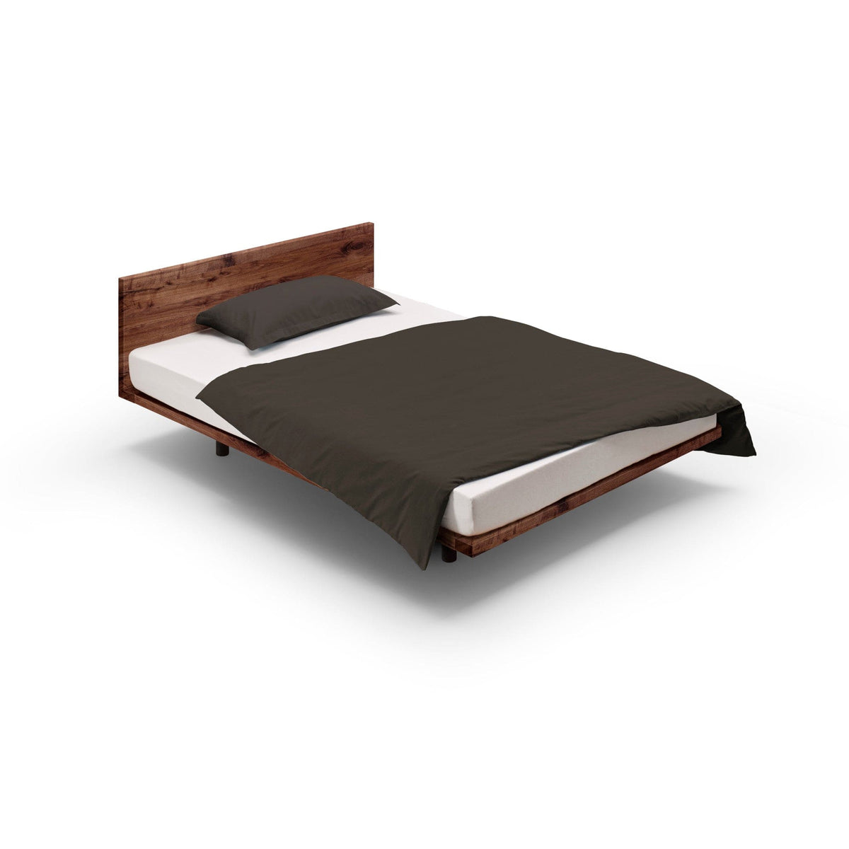 Vollholzbett SWING der Holzmanufaktur: Design Bett schwebend, 160x200 cm aus wildem Nussbaum mit Holzrückenlehne.