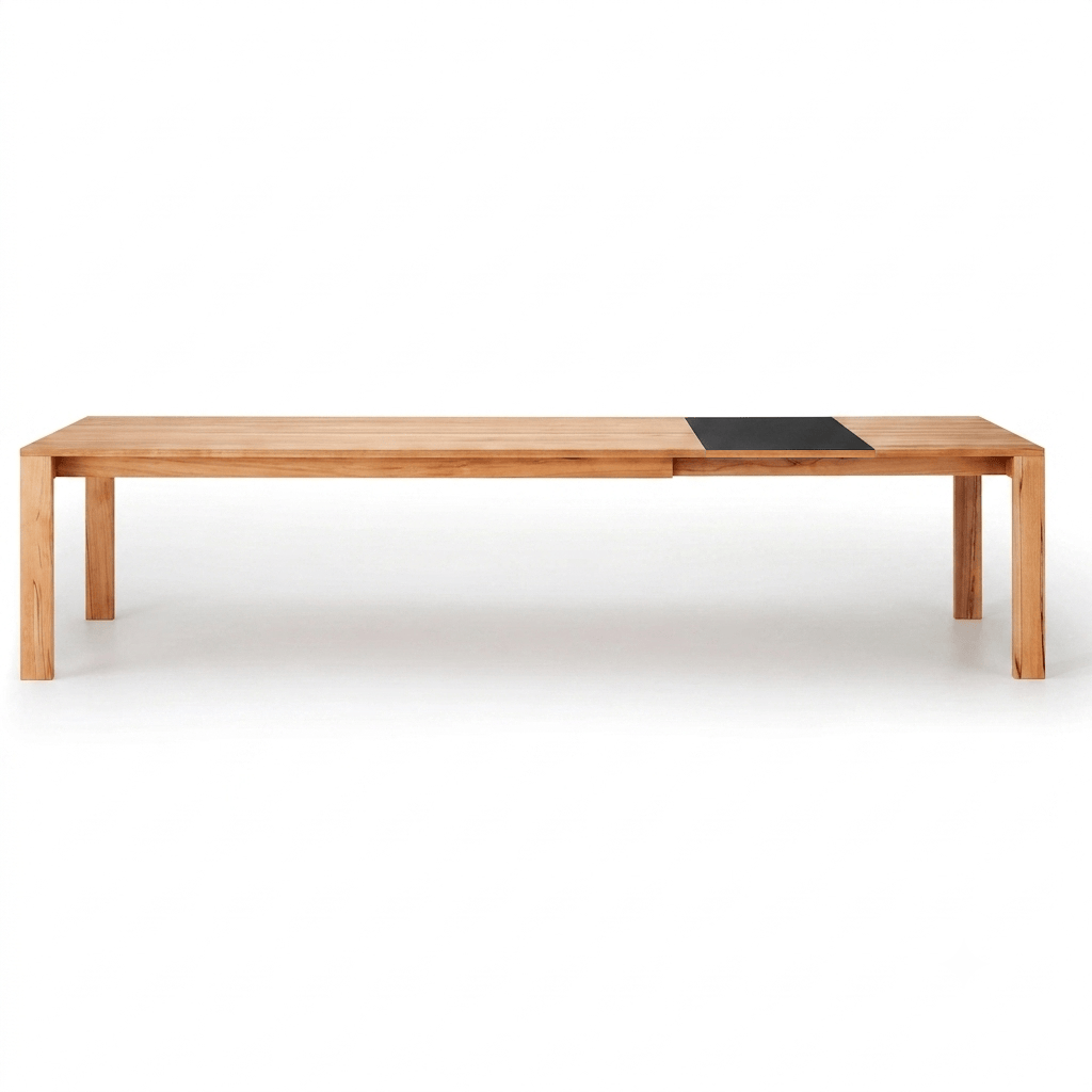 Holzmanufaktur ZOOM Tisch ausziehbar Kernbuche / 200 x 90 x 75 / 1 Einlegeplatte Holz & 1 Einlegeplatte Fenix schwarz