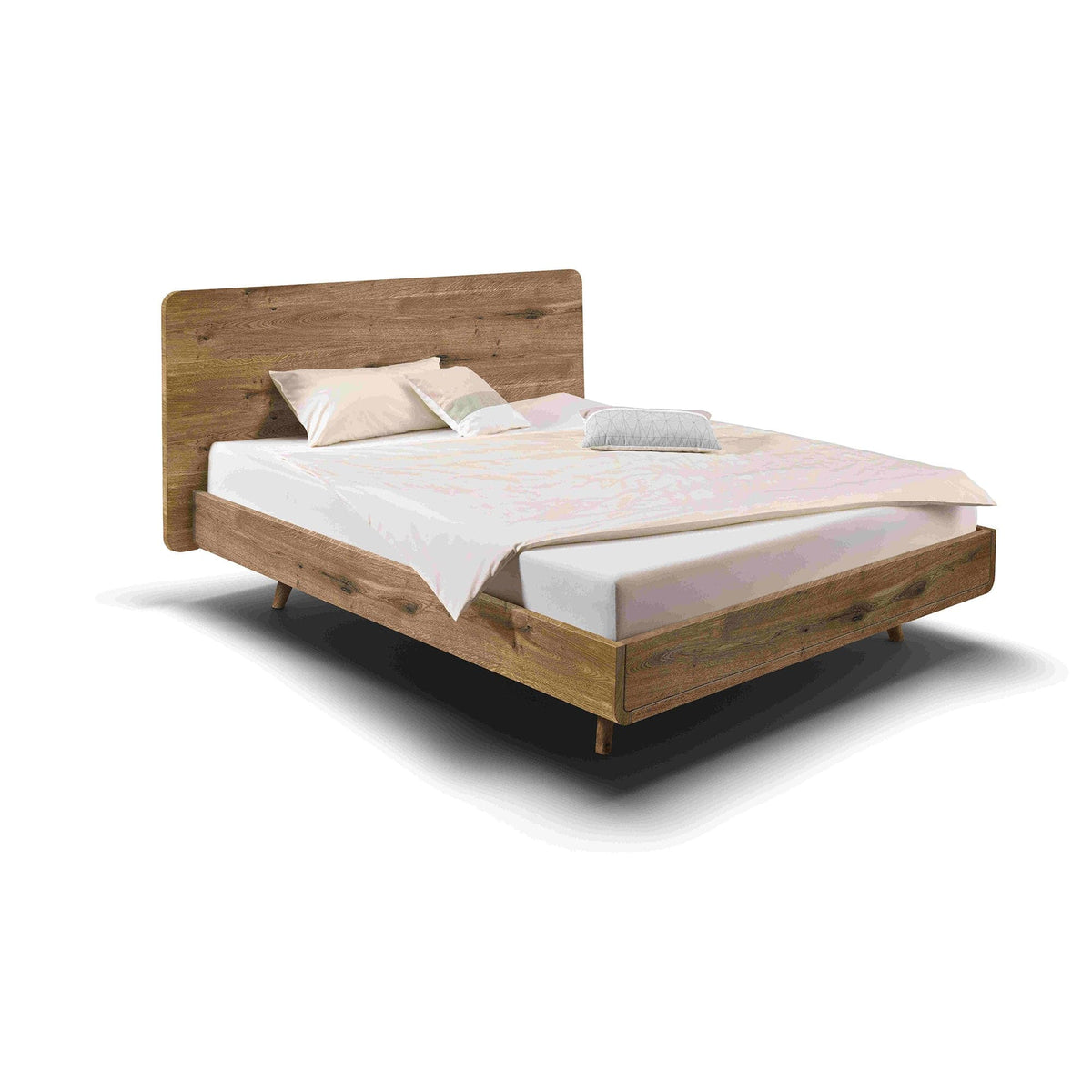 Bett TALOS  aus Wildeiche mit hohem Holzkopfteil im Boxspring Look.