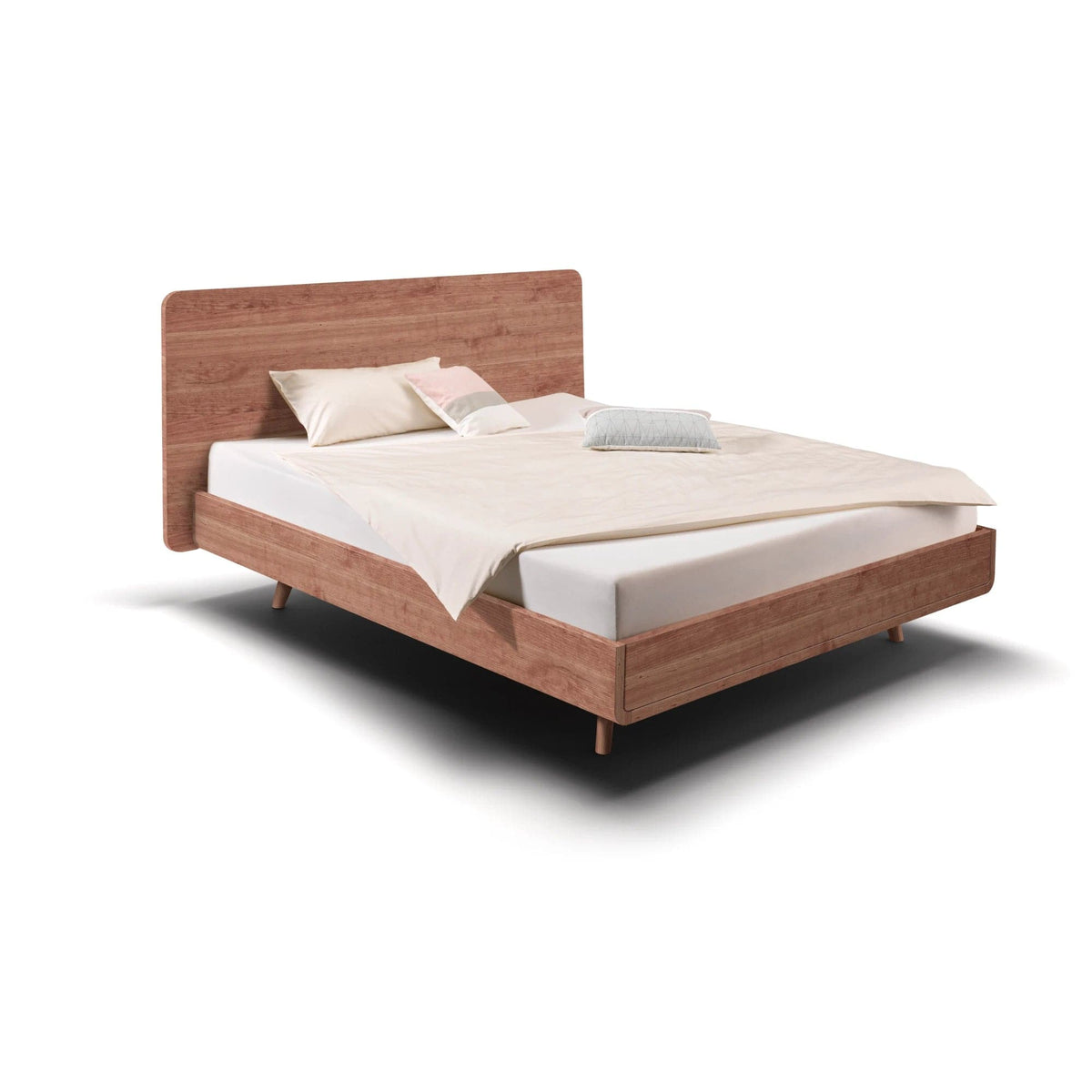 Bett TALOS  aus Kirschbaum mit hohem Holzkopfteil im Boxspring Look.